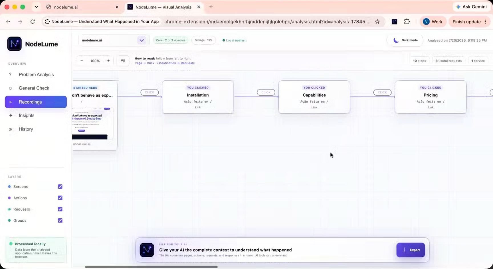 NodeLume Chrome extension visual debugging interface